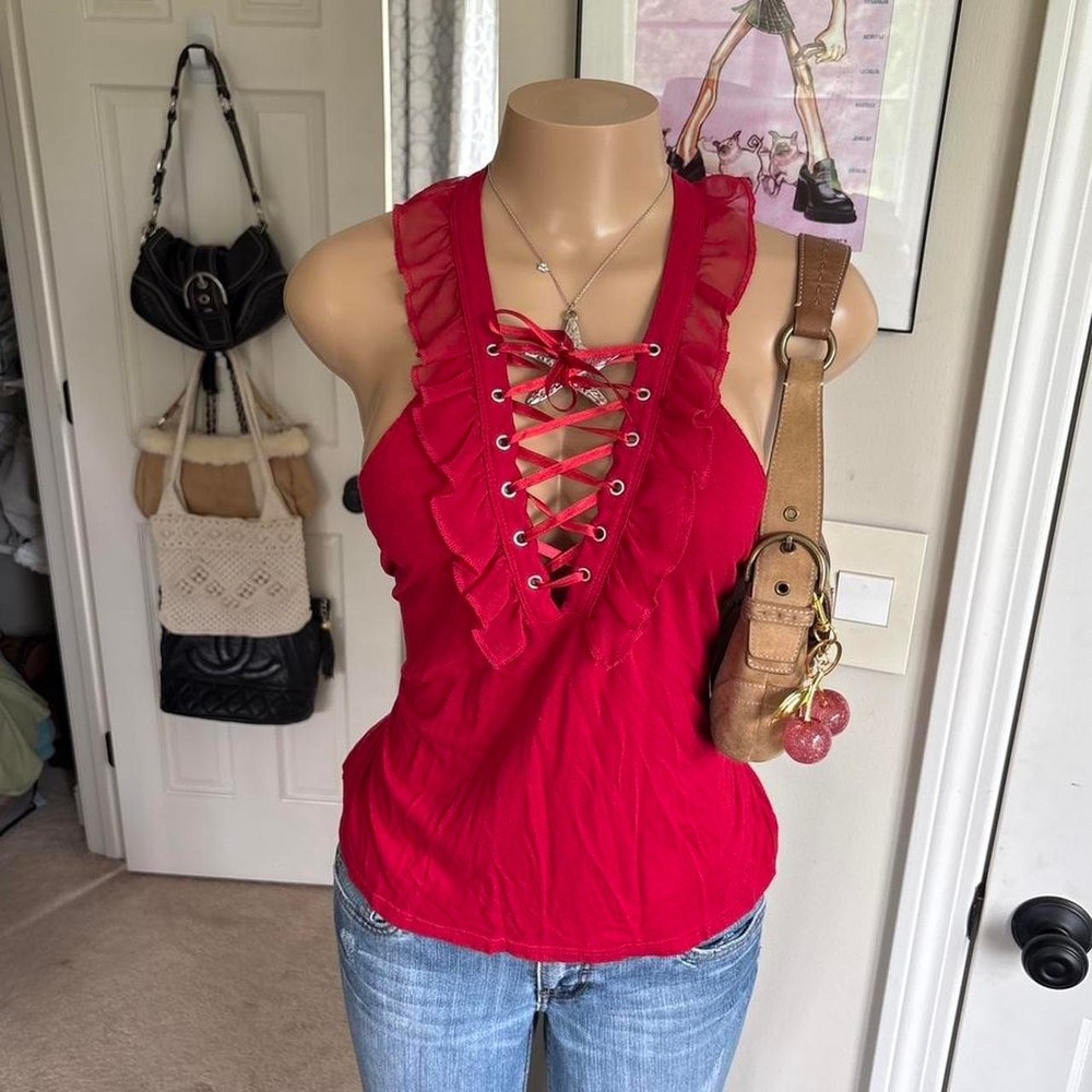y2k 2000s romantic red lace up tank top Size L